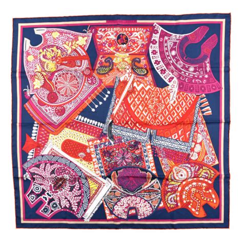 HERMES Silk Tapis De Selle Scarf 90 Marine Violet Rouge .